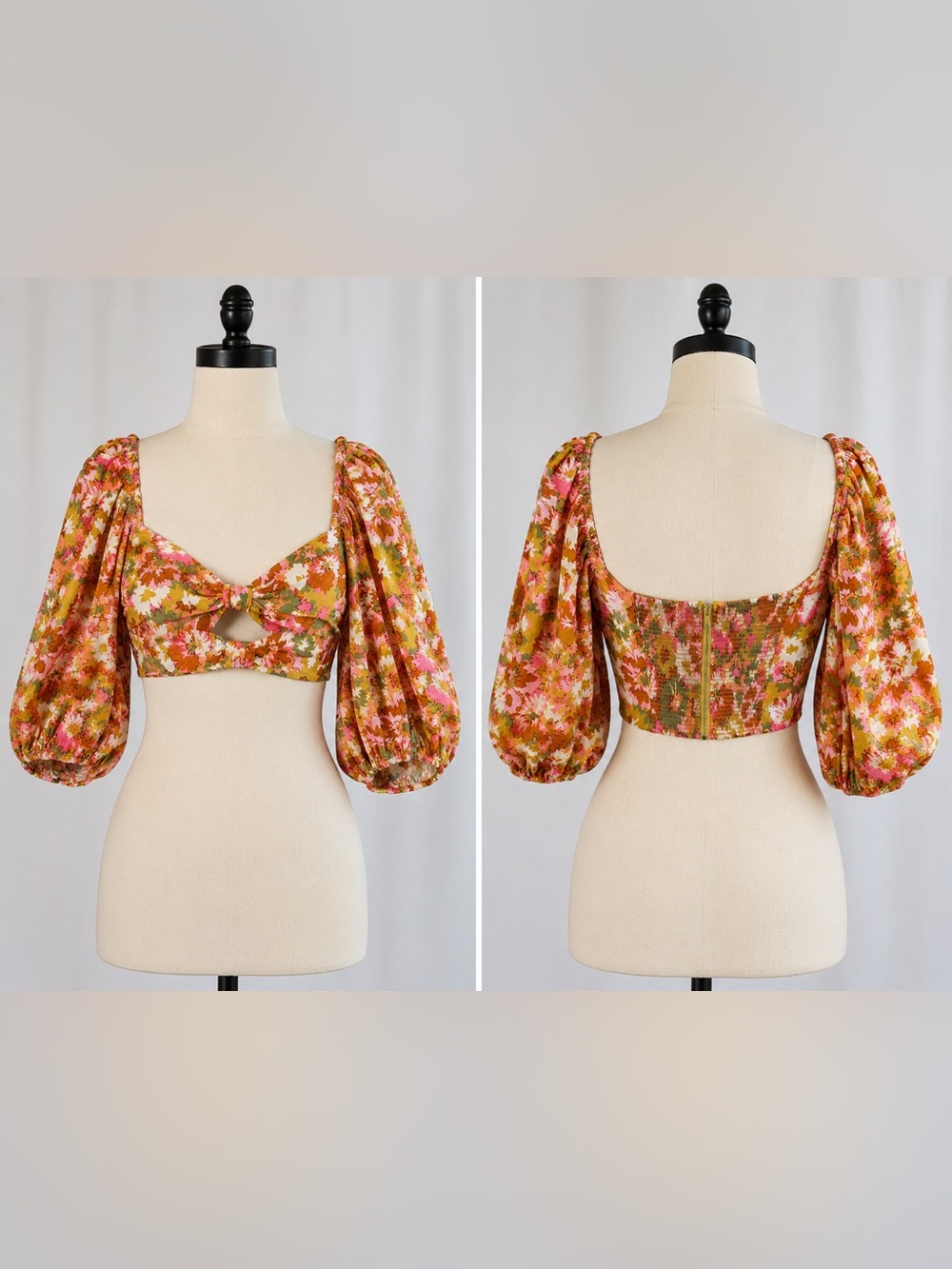 Zimmermann Floral Tie-Front Puff-Sleeve Crop Top - Pink, Olive & Yellow